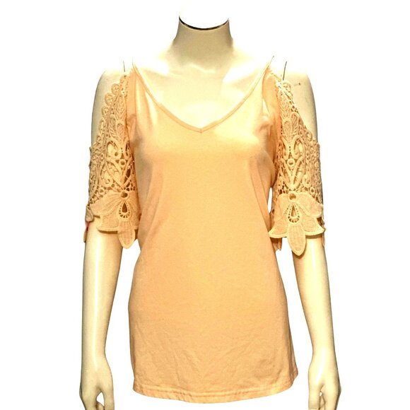 CCC TSFDOD Lace Cold Shoulder Blouse With Crochet Sleeves V Neckline Size Medium - Picture 1 of 8